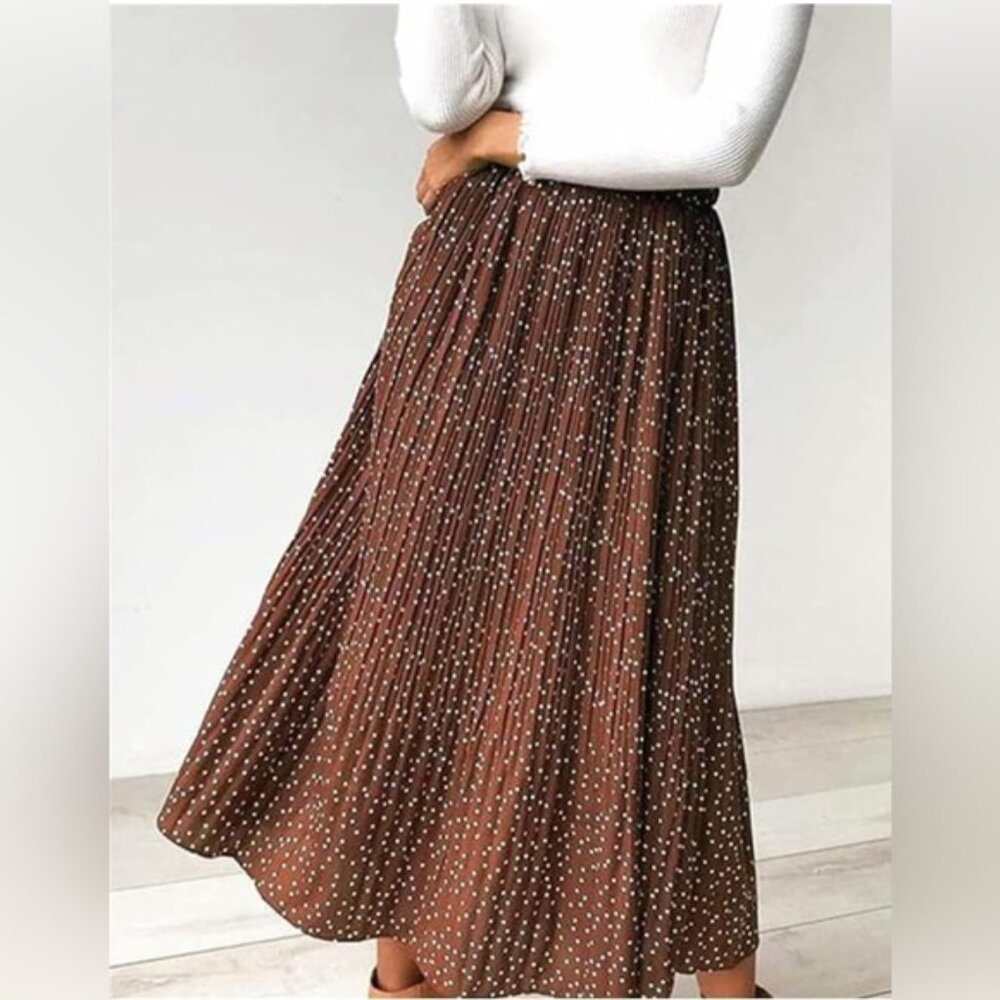 Brown Polka Dot Pleated Skirt - Picture 2 of 10